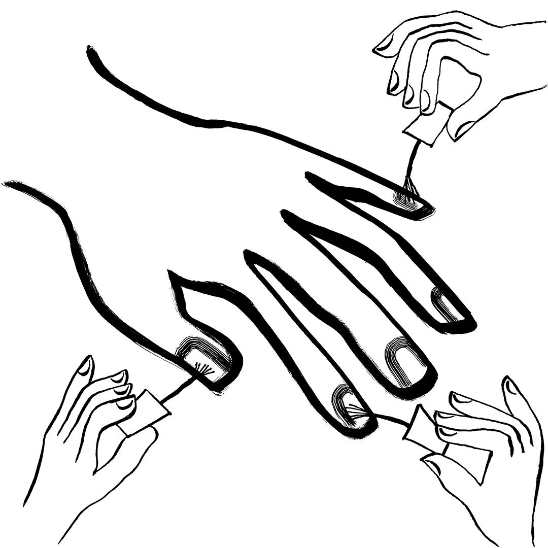 An illustration of a large hand with 3 small hands painting the nails of the larger hand