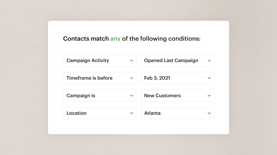Email personalization showing the ability to filter contacts by matching conditions to campaign activity, timeframe, location, and more