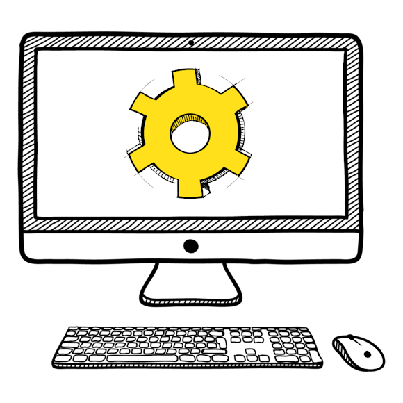 Graphic of a computer with a settings icon on the screen