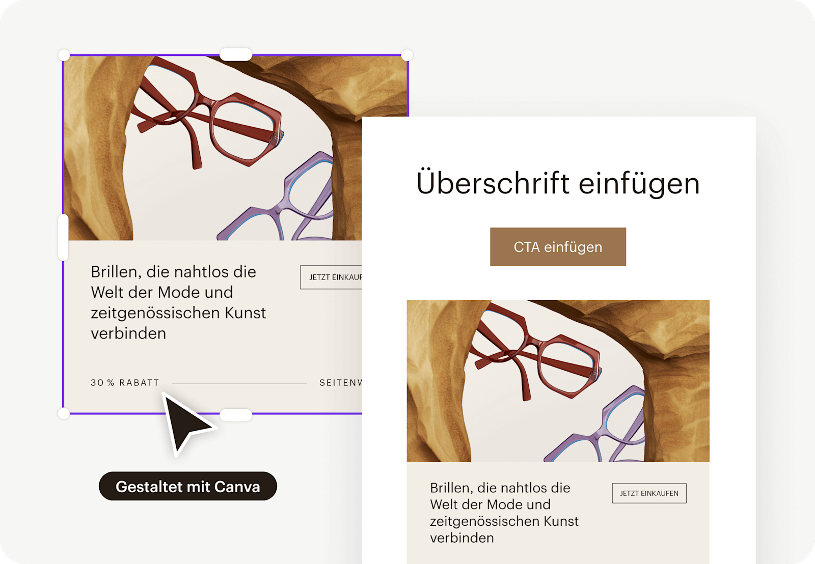 Bild einer abstrakten Canva-Grafikoberfläche, wobei die Grafik aktiv in ein E-Mail-Kampagnenlayout importiert wird. Die Darstellung zeigt, wie Benutzer verschiedene kreative Integrationen wie Canva und Shutterstock verwenden können.