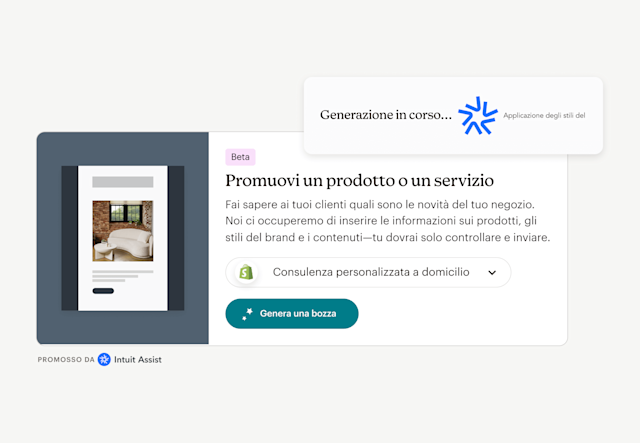 Una barra prompt Intuit Assist, con la scritta "Generazione... Applicazione degli stili del brand", sopra un'interfaccia utente con la scritta "(Beta) Promuovi un prodotto o un servizio: fai sapere ai tuoi clienti cosa c'è di nuovo nel tuo negozio. Ci occuperemo di inserire le informazioni sui prodotti, gli stili del brand e i contenuti—tutto ciò che devi fare è controllare e inviare." Un pulsante sotto il testo dice "Genera bozza".